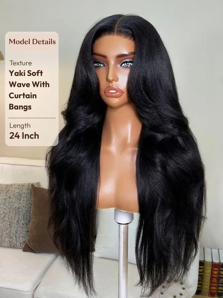 UNice 7x5 Bye Bye Slip™ Glueless Lace Black Yaki Straight Blowout with Soft Body Wave Wig with Curtain Bangs