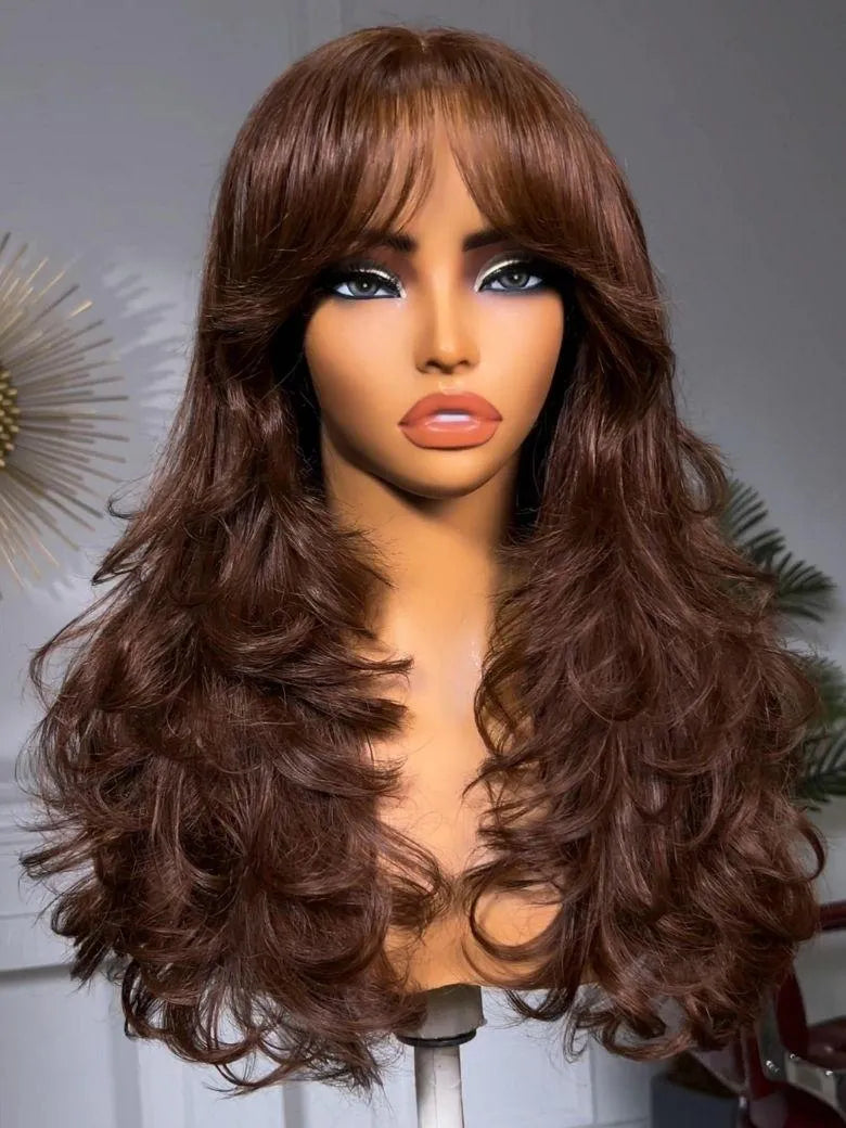 UNice Auburn Red Brown Butterfly Cut Wispy Bangs Wig Bye-Bye Slip™ 7×5 Lace Closure Glueless Glam-Ready Layered Waves Feathered Volume Effortless Chic
