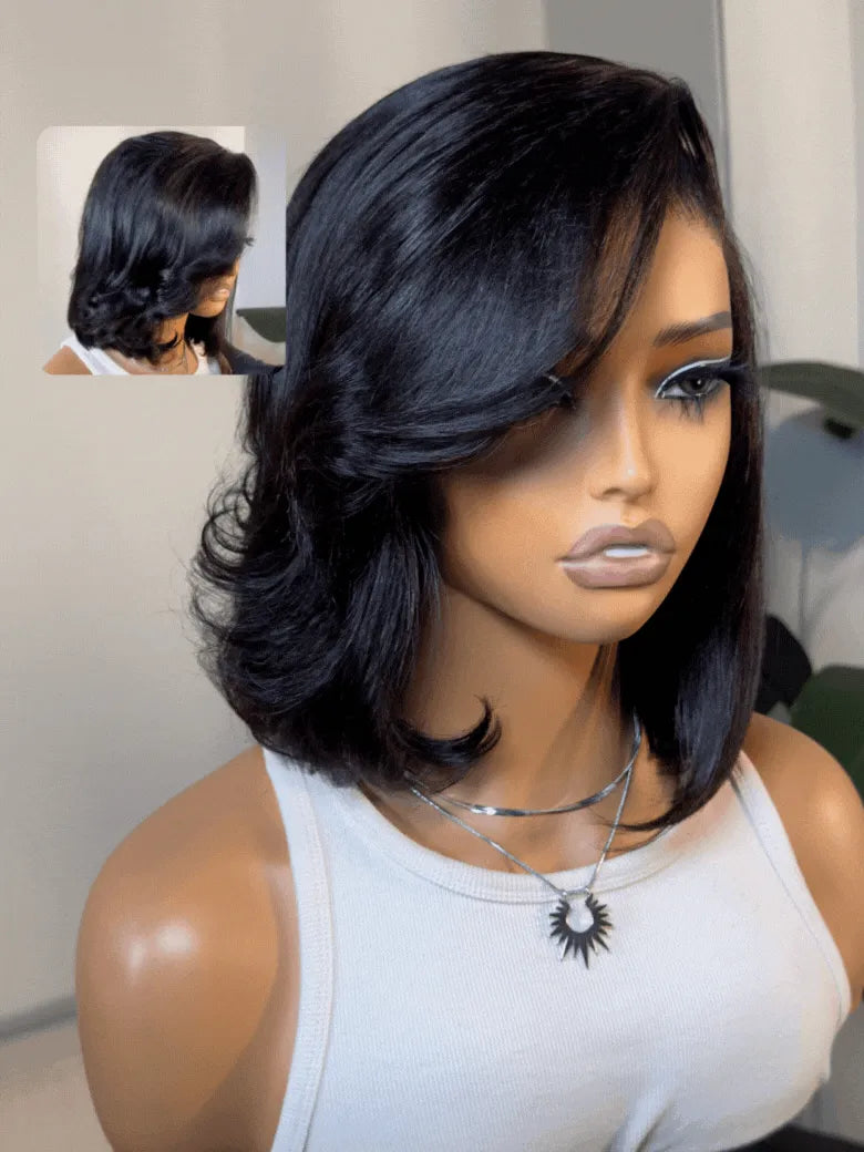 UNice 7x5 Bye-Bye Knots & 4x4 Lace Closure Black Bob Wig With Side Swept Bangs
