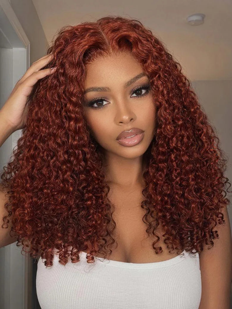 UNice Reddish Brown Burmese Curly Wig With Finger Coil Ends Bye-Bye Slip™ 7×5 Lace Closure Glueless Glam-Ready Natural Volume