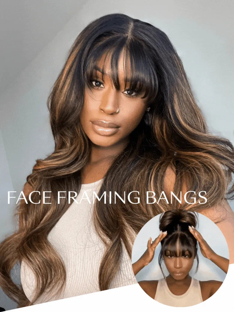 UNice 7x5 Bye Bye Knots & 13x4 Pre-Everything™ Lace Frontal Balayage Highlights Fluffy Natural Loose Wave Wispy Bangs Drawstring Wig