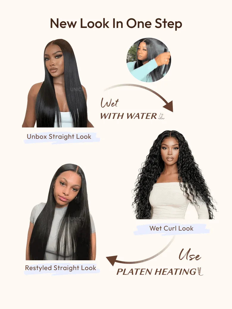 [Free Wig For All Length] UNice 13x4 Bye Bye Slip™ 2-in-1 Straight to Water Wave Wet and Wavy Human Hair Wig With Invisi Drawstring