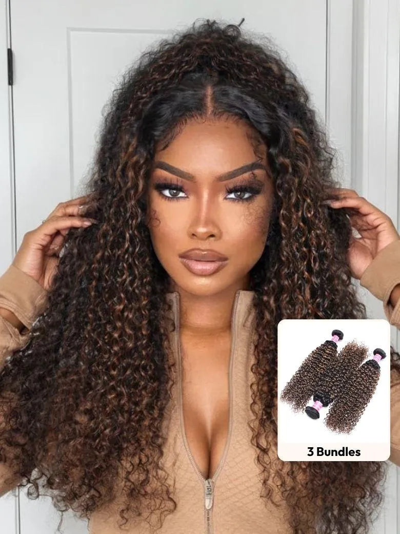 UNice #FB30 Brown Balayage Highlight 3Pcs Jerry Curly Human Hair Bundles