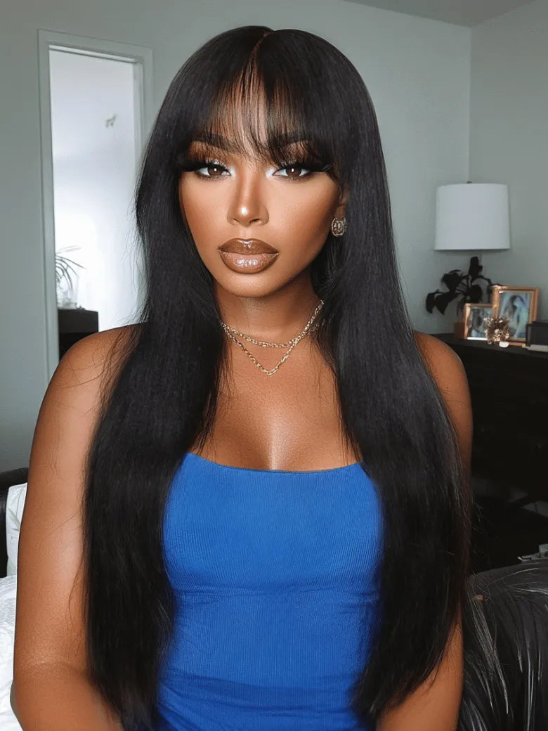 UNice Machine Made & 7x5 Bye Bye Slip™ Lace Yaki Human Hair Glueless Wispy Bangs  Natural Black Wig