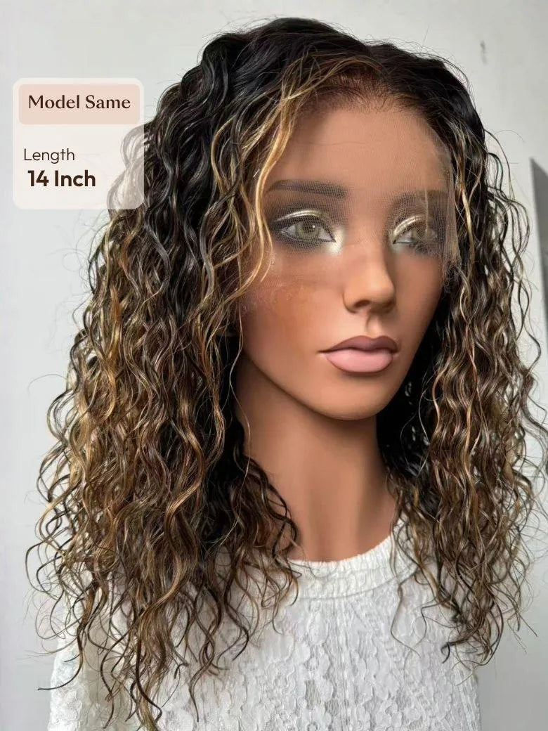 UNice Dark Rooted Honey Blonde Highlights Water Wave 360 HD Lace Salon-Dyed Human Hair Wig with Versatile Parting