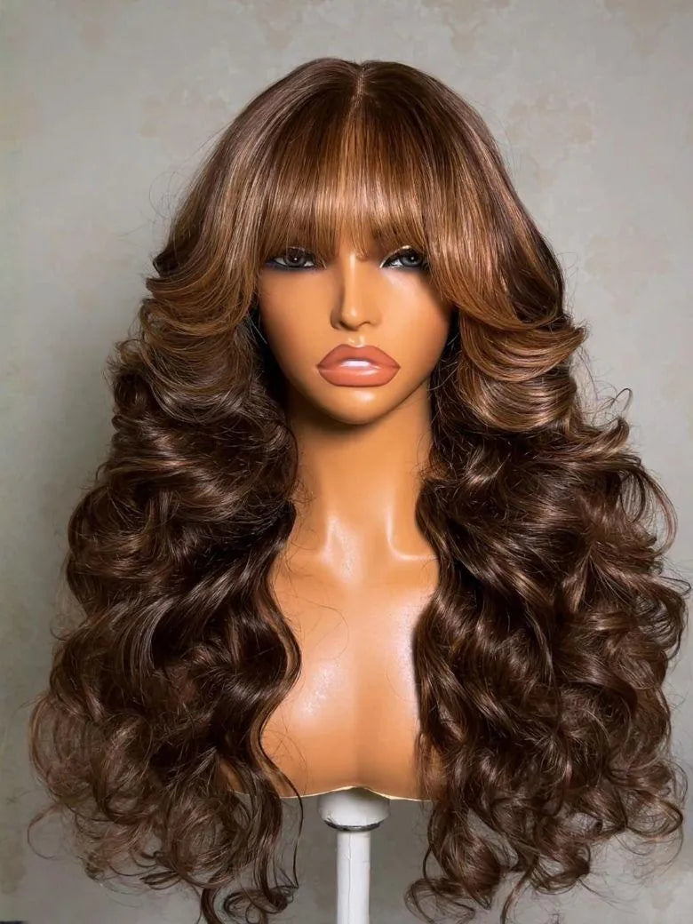 UNice Honey Brown Caramel Highlights Loose Wave Wig Bye-Bye Slip™ 13×4 Lace Front Glueless Glam-Ready Dimensional Color Curtain Bangs
