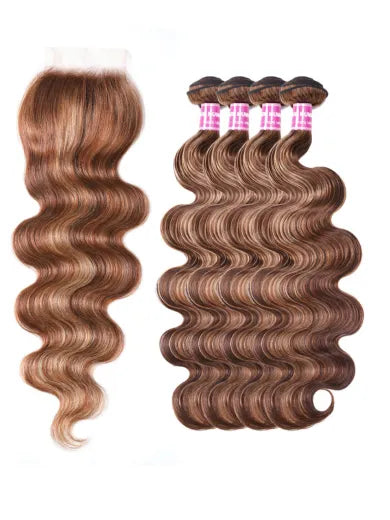UNice Honey Blonde Piano Highlighted Body Wave 4Pcs Bundles With Closure