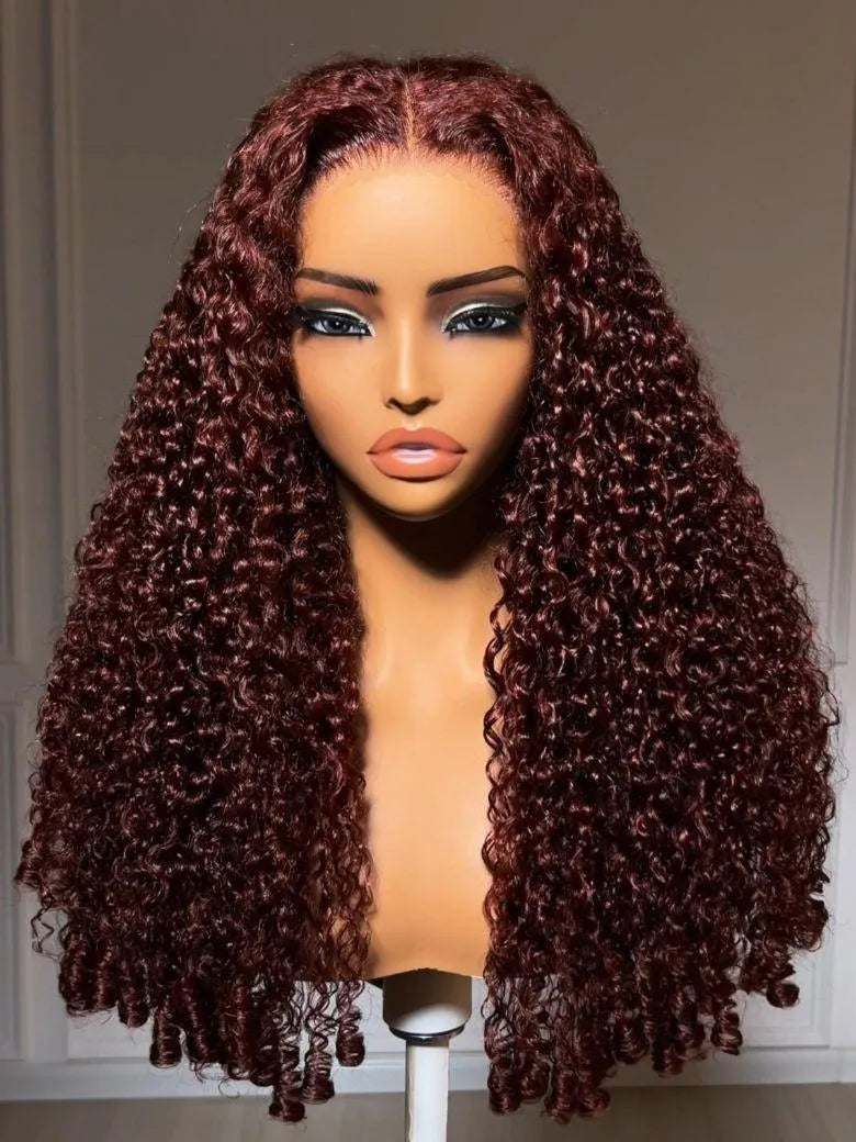 UNice Reddish Brown Burmese Curly Wig With Finger Coil Ends Bye-Bye Slip™ 7×5 Lace Closure Glueless Glam-Ready Natural Volume