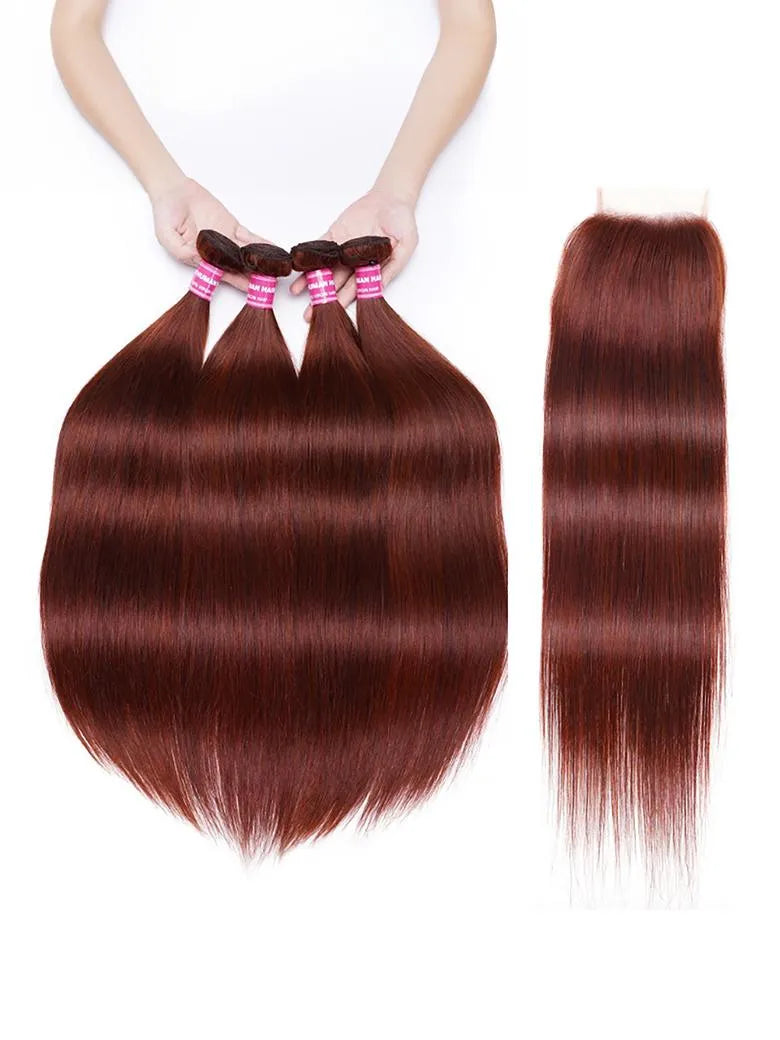 UNice Dark Auburn Straight Remy Human Hair 4 Bundles With Closure Deal