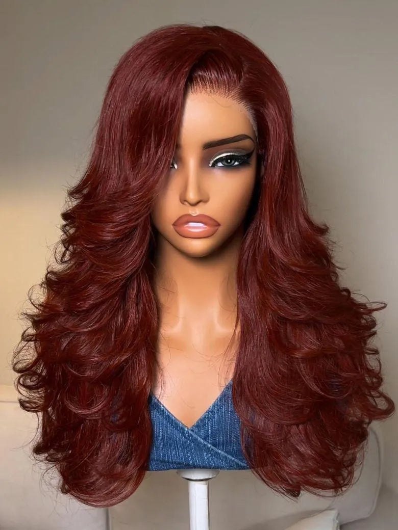 UNice Reddish Brown Feathered Layers Side Part Wig Bye-Bye Slip™ 7x5 Lace Glueless Human Hair Wig Pre-Styled Airy Finish
