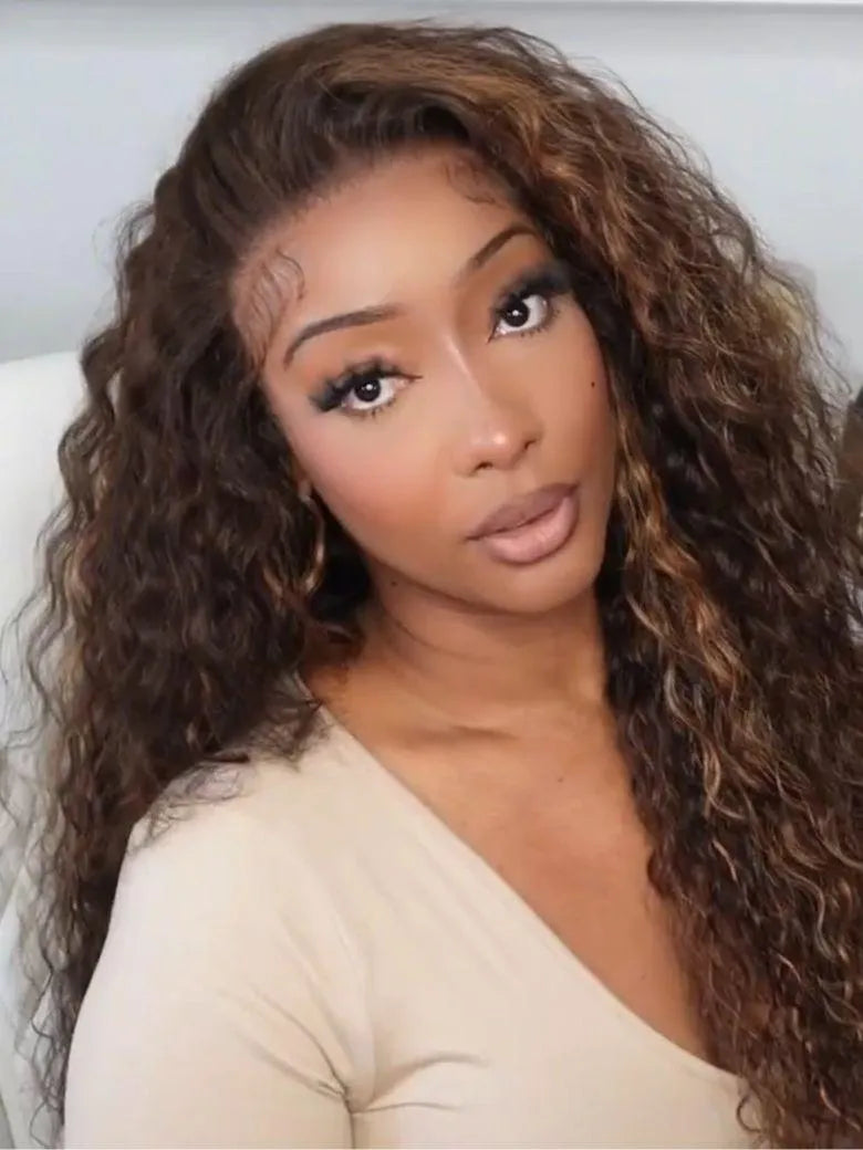 UNice 100% Human Hair Bye-Bye Knots™ 7x5 Lace Dark Toffee Brown with Auburn Highlights Water Wave Wig with Invisi Drawstring