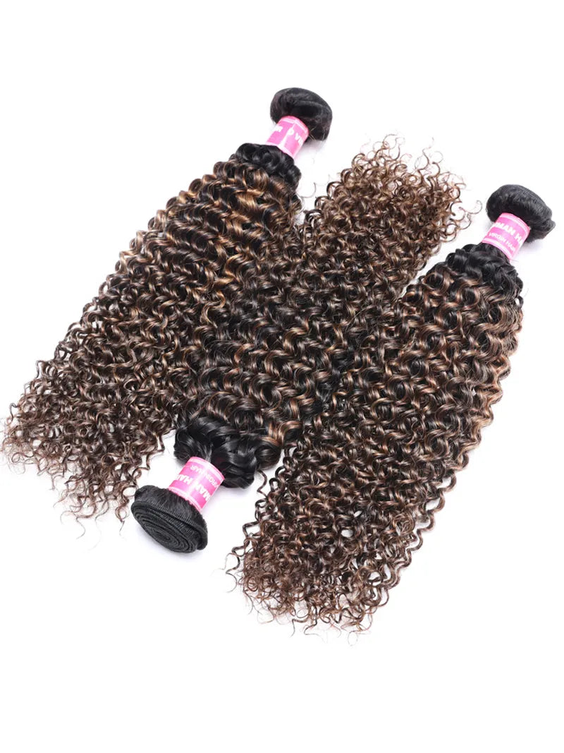 UNice #FB30 Brown Balayage Highlight 3Pcs Jerry Curly Human Hair Bundles