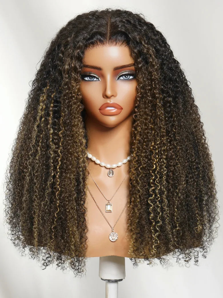 UNice 7x5 Bye Bye Slip™ Lace Black with Blonde and Caramel Highlights Full Curly Wig with Defined Curls For Beginners