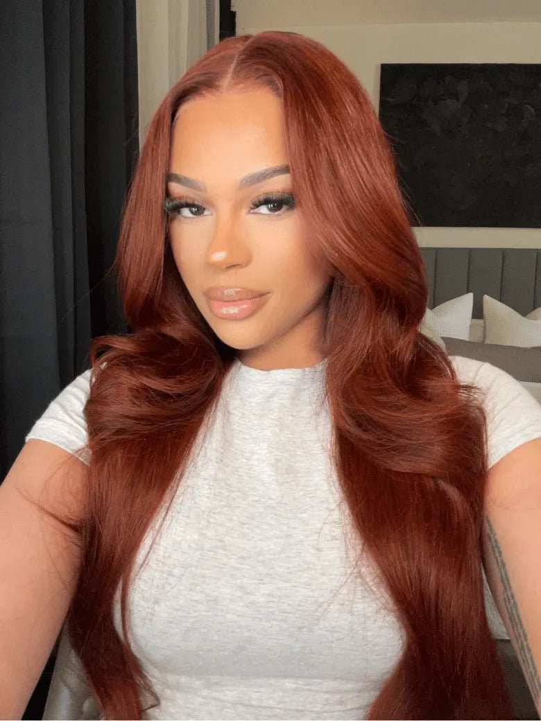 UNice 7x5 Bye Bye Slip Wig Glueless Lace 150% density Flattering Sun-Kissed Warm Tones Reddish Brown Body Wave Bleached Knots Drawstring Wig