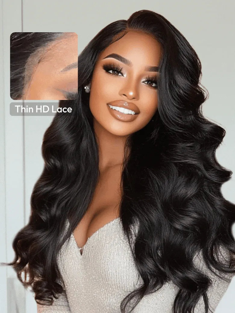 13x4 HD 180% Density Pre-everything™ Wig Invisible Lace Frontal Bouncy Body Wave Black Drawstring Wig