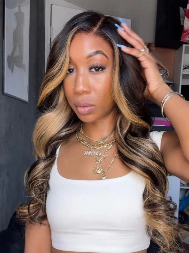 UNice 7x5 Bye-Bye Slip™ Lace Loose Wave Butterscotch Highlights Brown with Free Face Framing Bangs Wig 150% Density