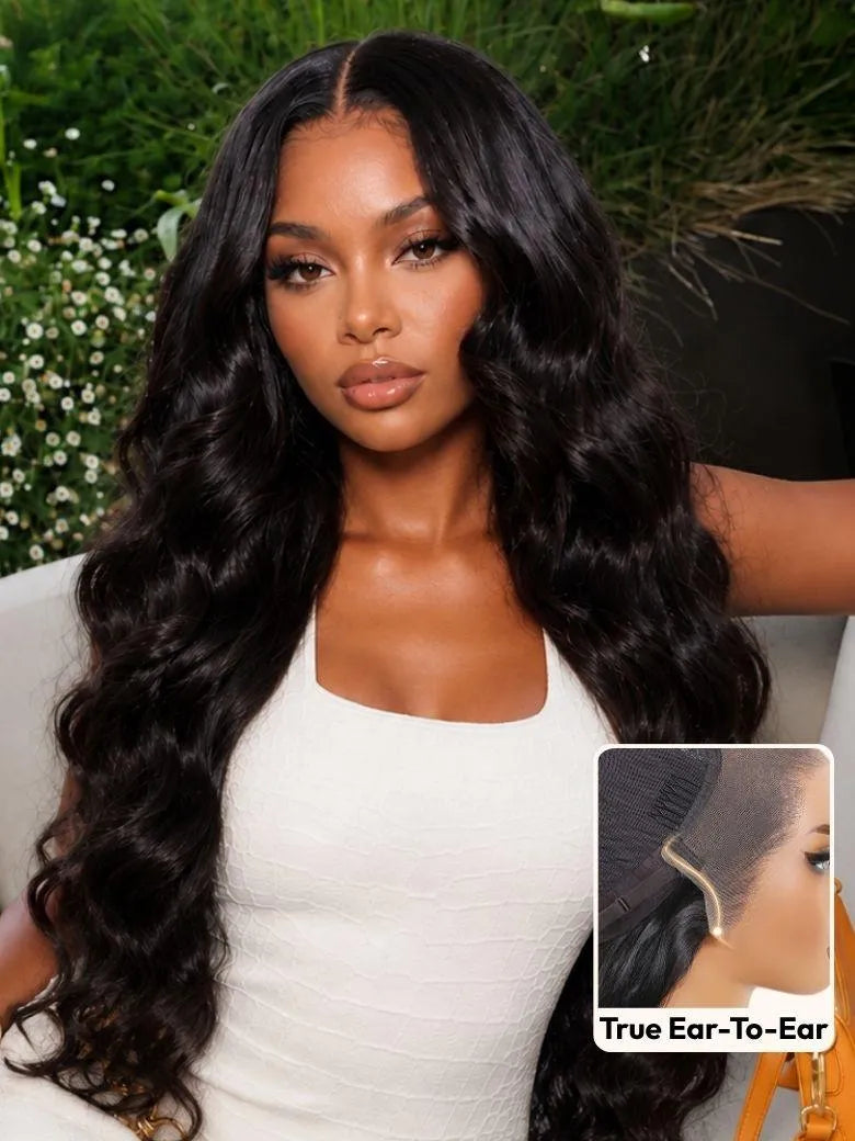 UNice Natural Black Body Wave Bye-Bye Slip™ 14x4 Lace Front Human Hair Wig with Seamless Extended Lace Coverage