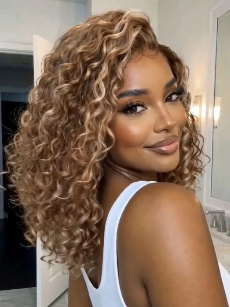 UNice Honey Blonde Highlights Water Curly Wig Bye-Bye Slip™ 7×5 Lace Closure Glueless Glam-Ready Festival Chic Short Curls Blonde Dimension