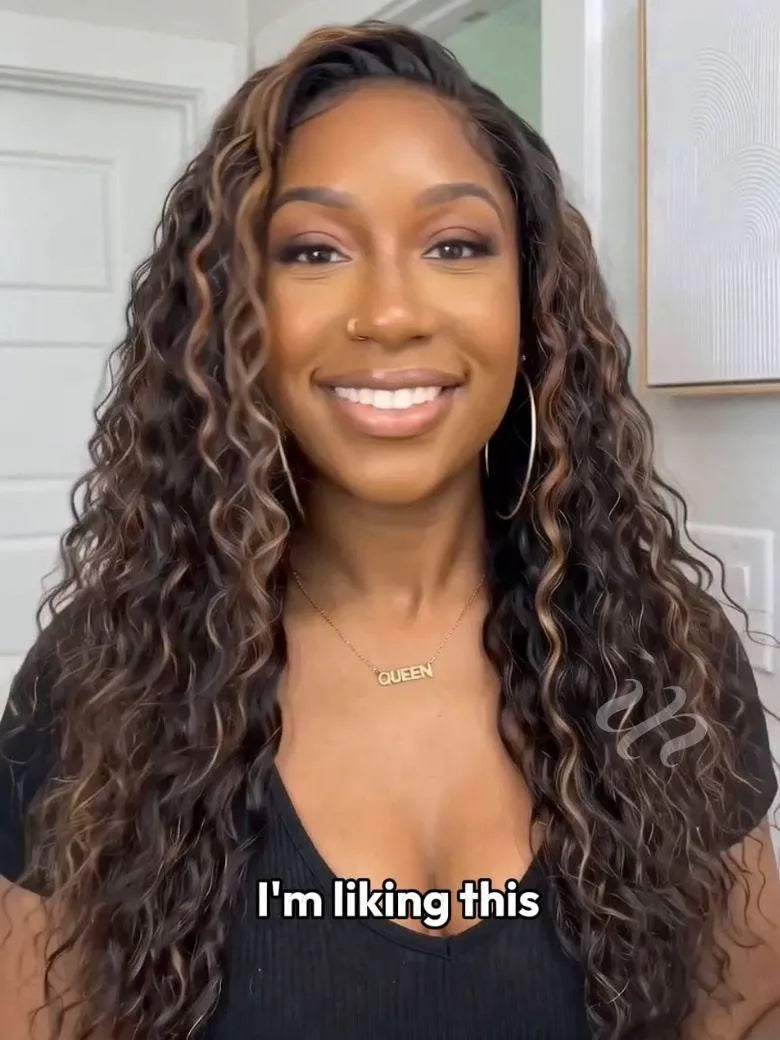 UNice Golden Brown Highlights Water Wave Bye-Bye Slip™ Glueless Human Hair Drawstring Wig