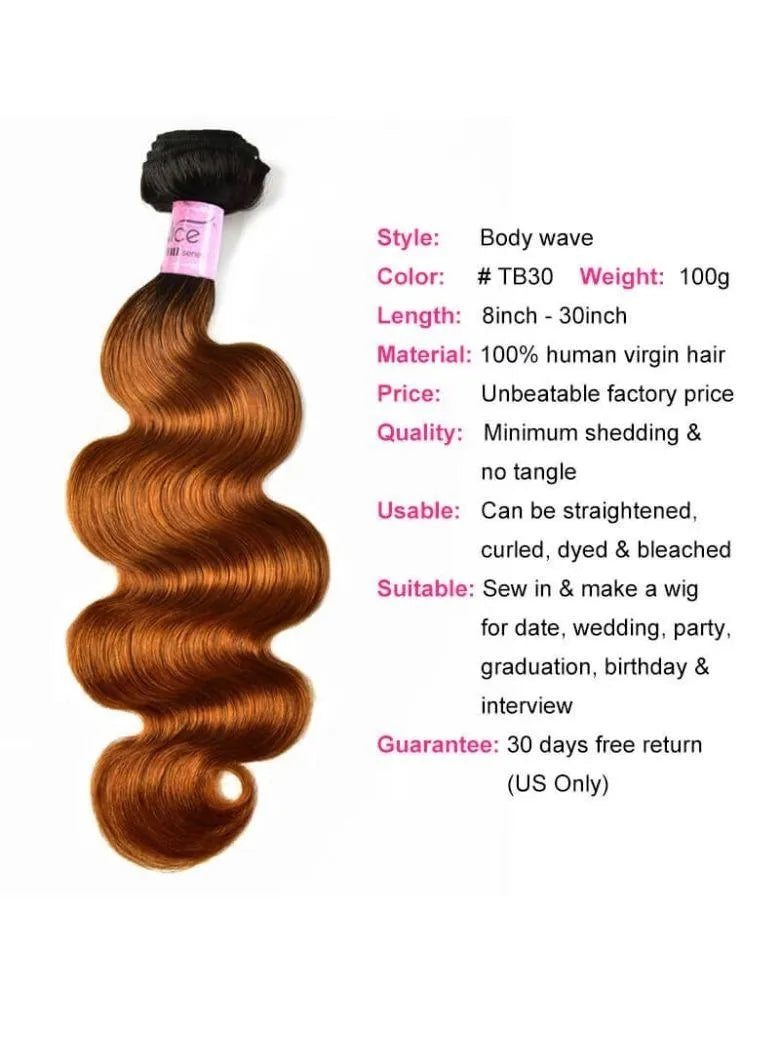 UNice Soft #TB30 Body Wave & Straight Human Hair Weaves 100% Human Hair 1 Bundle Ombre Color