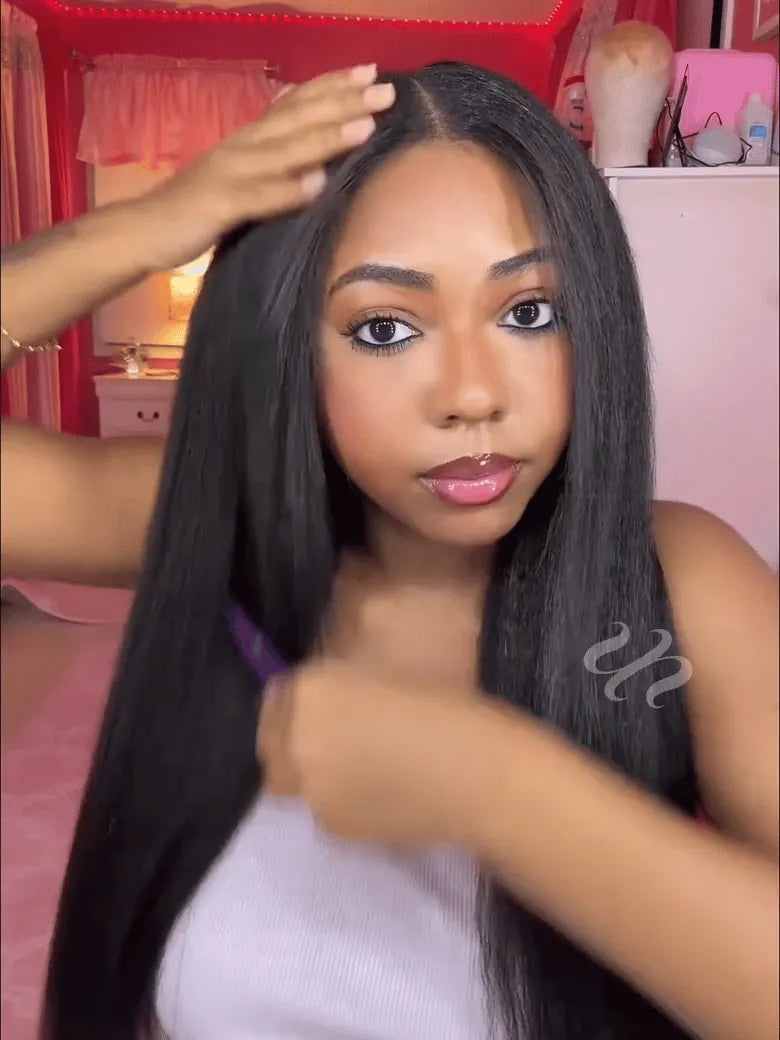 UNice Yaki Straight InvisiBlend™ V Part 180% Density Human Hair Wig for Natural Blend