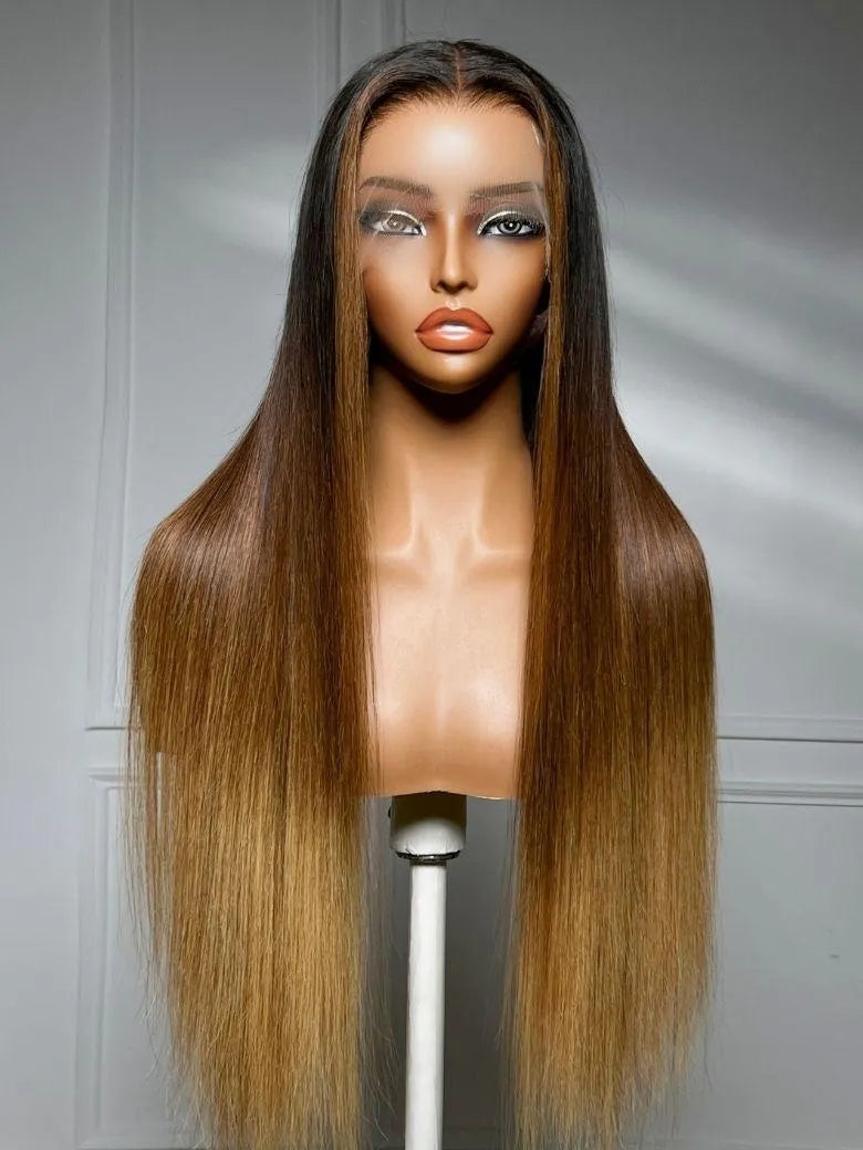 UNice 360 HD Lace Pre-plucked Luxury Raw Virgin Hair Brown to Honey Blonde Ombre Silky Straight Wig with Dark Roots