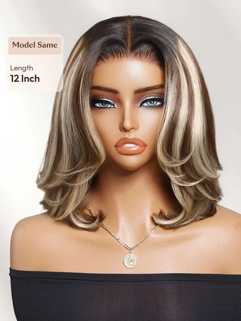 UNice Bye Bye Slip™ 7x5 Lace Warm Brown with Beige Blonde Ribbon Highlights Layered Bob Wig With Dark Roots