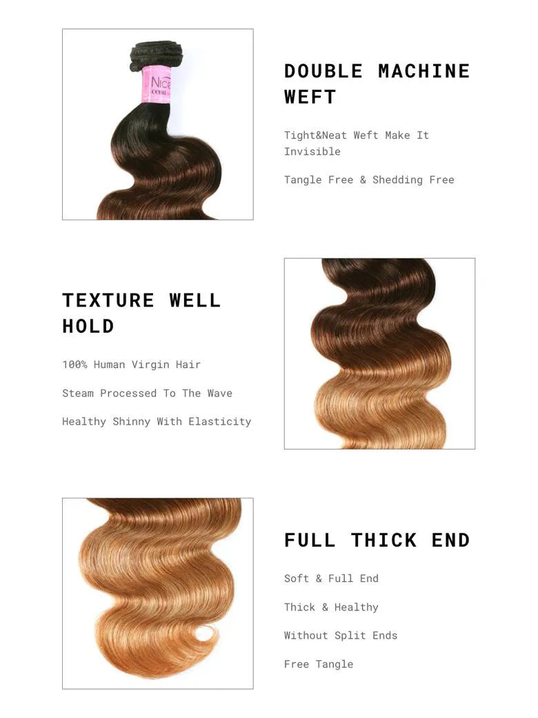 UNice Brazilian Ombre 4Pcs Body Wave Remy Human Hair Bundles
