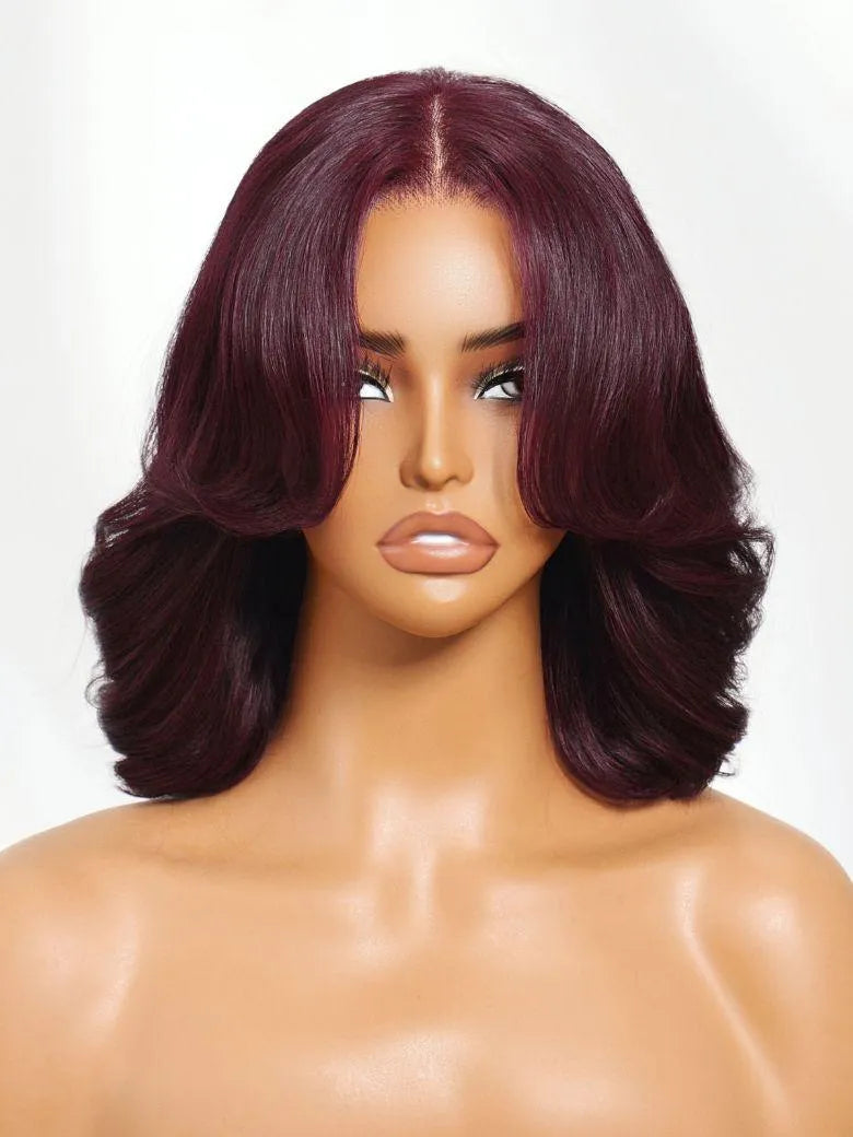 UNice 100% Human Hair Black Cherry Bye-Bye Knots™ 7x5 Lace Glueless Bob Drawstring Body Wave Wig 150% Density