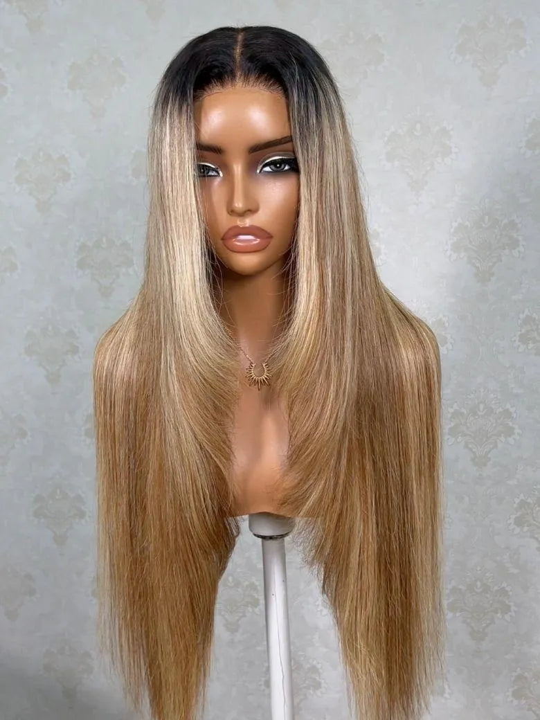 UNice Honey Blonde with Dark Roots Layered Straight Bye-Bye Slip™ 13x4 Lace Front Human Hair Wig Put-On-and-Go