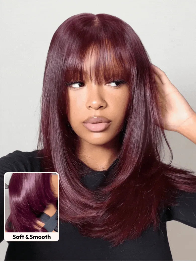 UNice Bye-Bye Slip™ 7x5 Lace Black Cherry Layered Wolf Cut with Wispy Bangs Drawstring Wig