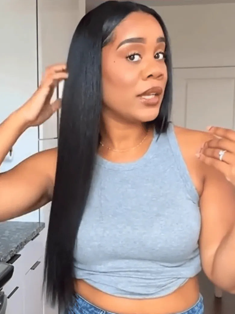 UNice Yaki Straight InvisiBlend™ V Part 180% Density Human Hair Wig for Natural Blend