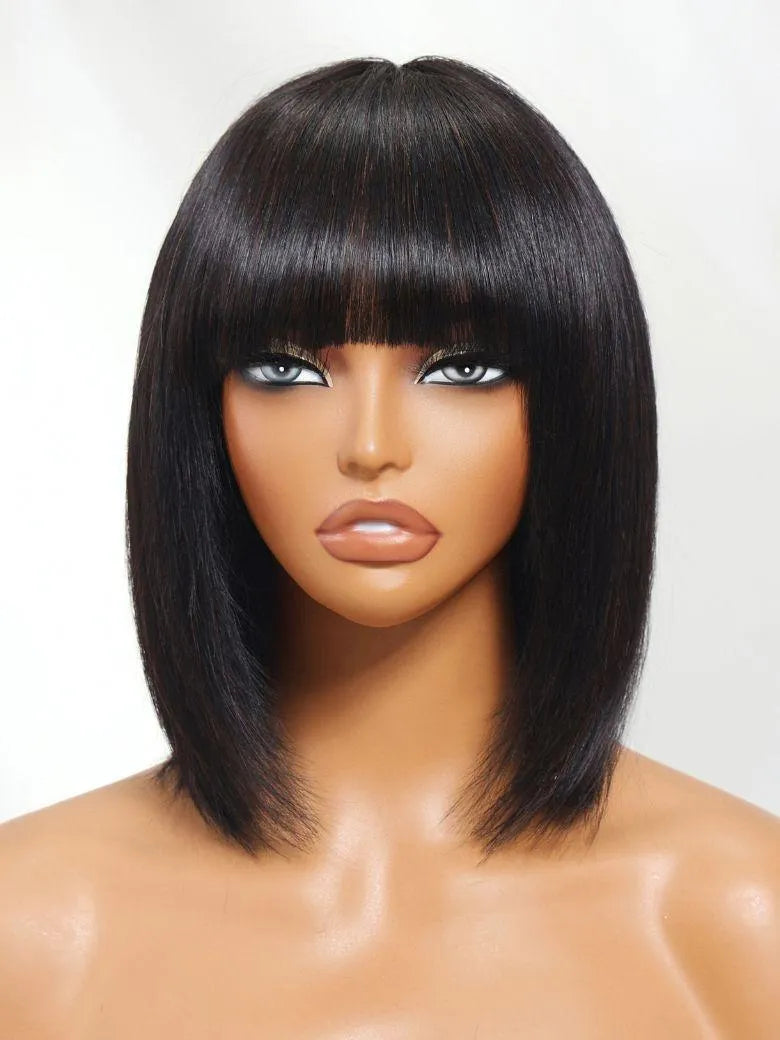 UNice Straight Bob Black Wig Human Hair Glueless Wig with Blunt Bangs