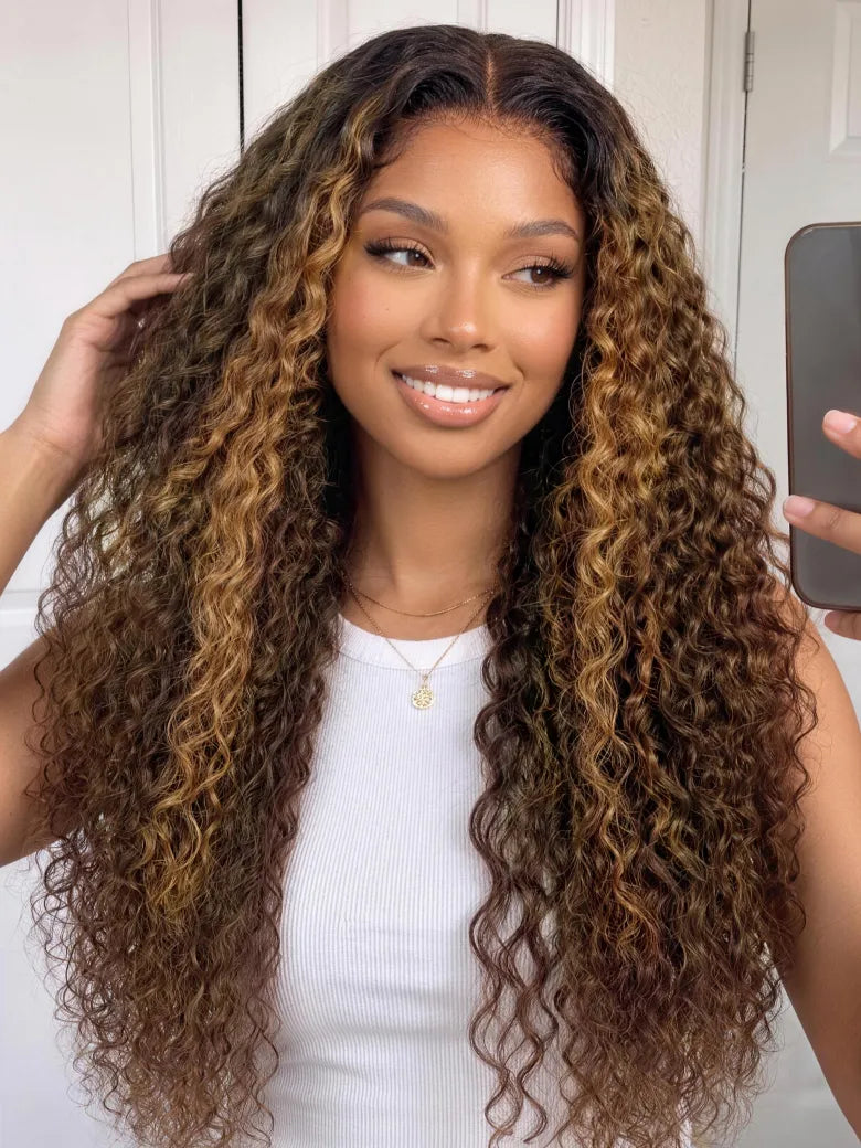 UNice 7x5 Bye Bye Slip™ Lace Brown With Honey Blonde Face-Framing Highlights Water Wave Drawstring Wig
