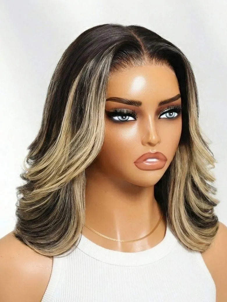 UNice 7x5 Bye Bye Slip™ Lace Dark Brunette with Ash Blonde Highlight Layered Wavy Bob Wig with Invisi Drawstring