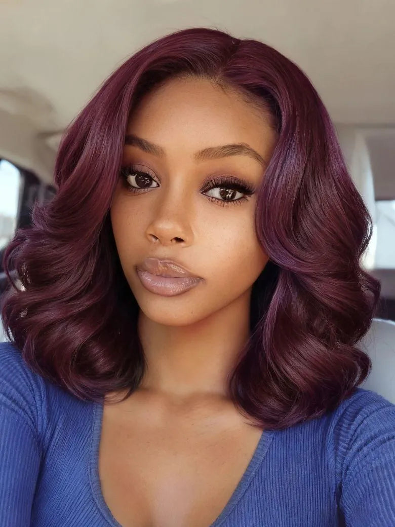 UNice 100% Human Hair Black Cherry Bye-Bye Knots™ 7x5 Lace Glueless Bob Drawstring Body Wave Wig 150% Density