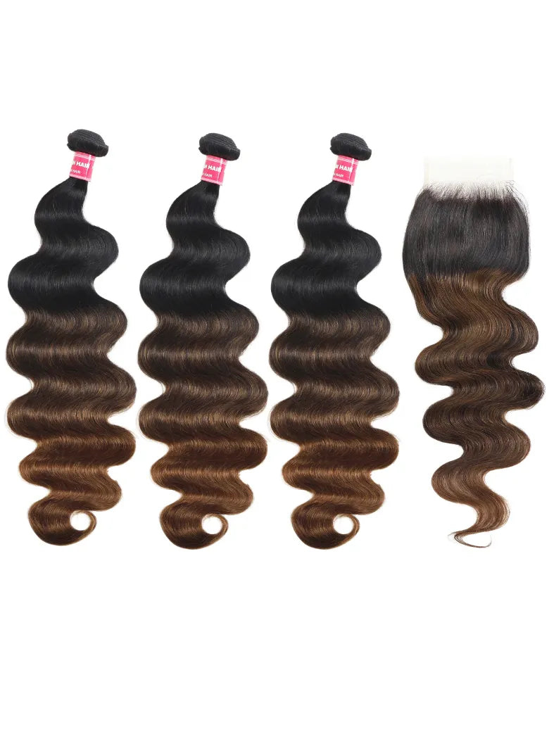 UNice Hair Bundles 3 Pcs/pack Black to Chestnut Brown Ombre Body Wave Virgin Human Hair