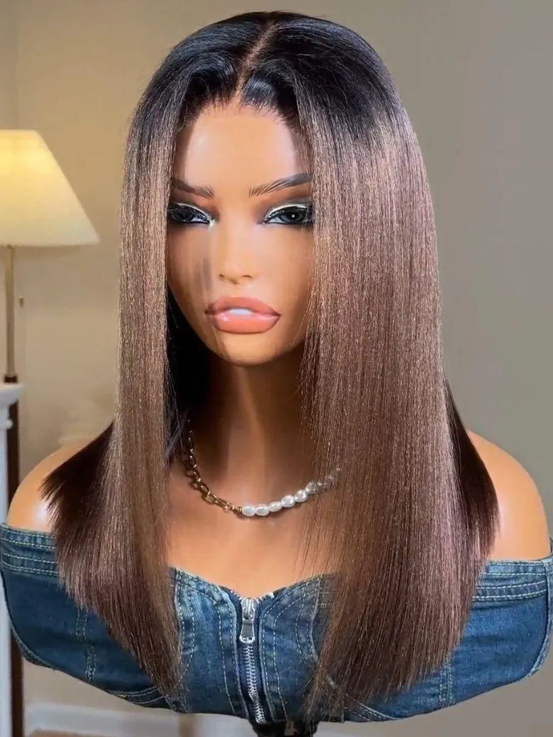 UNice 7x5 Bye Bye Slip & 13x4 Pre-Everything Lace Black to Chestnut Brown Ombre Yaki Straight Wig With Invisi Drawstring
