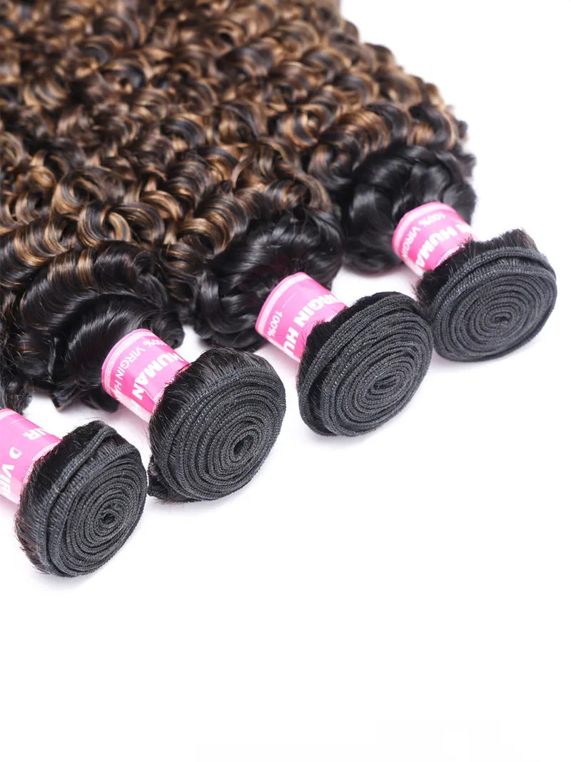 UNice #FB30 Brown Balayage Highlight 4Pcs Jerry Curly Human Hair Bundles
