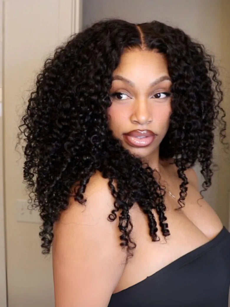 7x5 Lace 180% Density Bye Bye Slip™ Natural Black Afro Kinky Curly with Finger Coil Ends Drawstring Wig