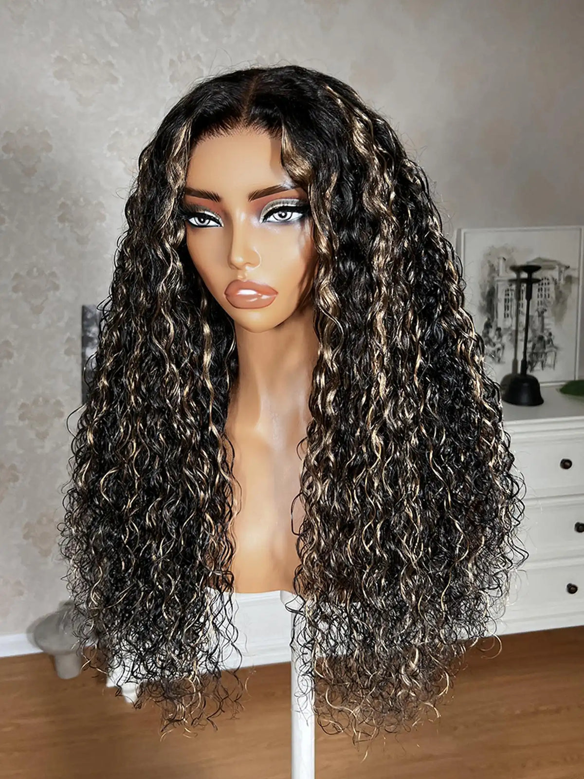 UNice Black With Blonde Highlights Water Wave Bye Bye Slip™ 7x5 Lace Glueless Human Hair Wig