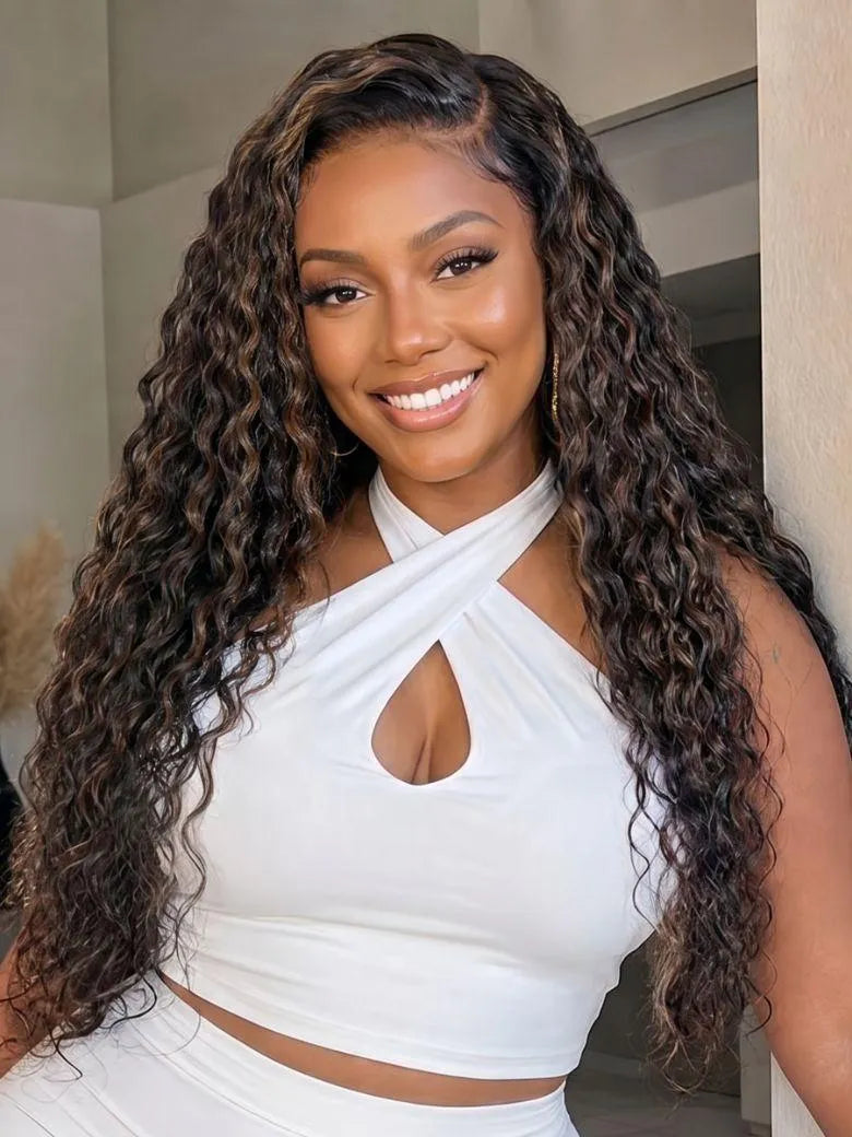 UNice Golden Brown Highlights Water Wave Bye-Bye Slip™ Glueless Human Hair Drawstring Wig
