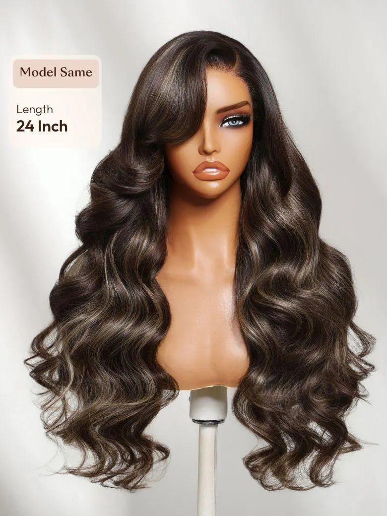 UNice 7x5 Bye Bye Slip™ Lace Frontal Dark Chocolate Brown with Caramel Highlights Body Wave Wig with Side Part Bangs