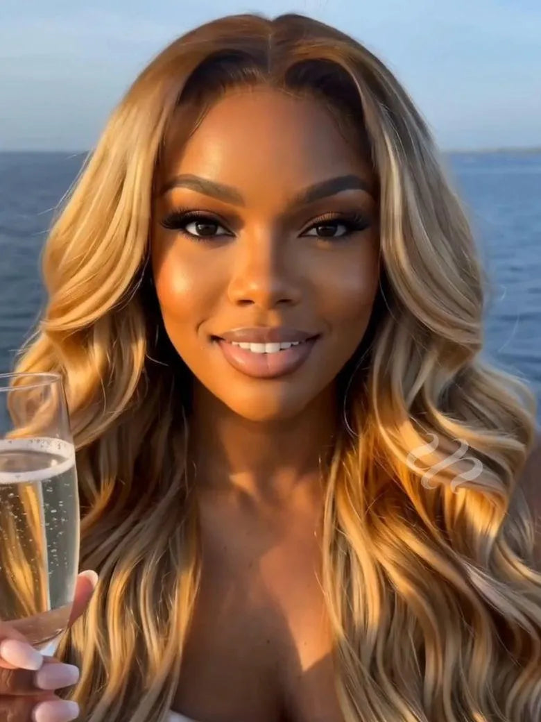 UNice 7x5 Bye-Bye Slip™ Lace Honey Blonde With Brown Roots Body Wavy Wigs with Face-Framing Layers