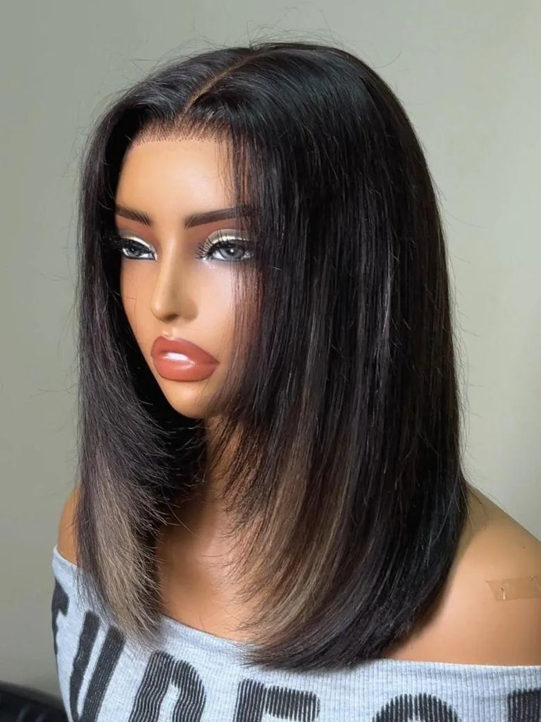 UNice Blonde Highlights Layered Yaki Straight Bob Wig Bye-Bye Slip™ 7×5 Lace Closure Glueless Glam-Ready Sophisticated Style Confident Look