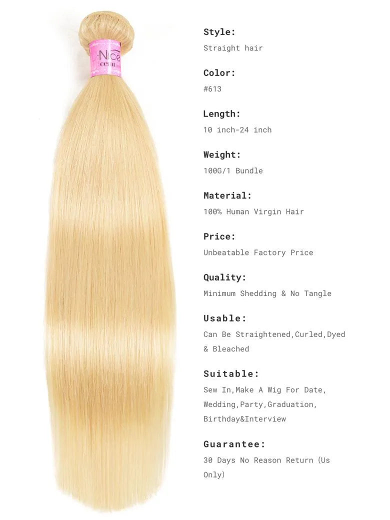 UNice Hair 613 Blonde Virgin Human Hair Extension Bundles 10-24 Inch 3PCS Straight Hair