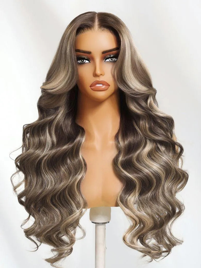 UNice 13x4 Pre-Everything™ Lace No Slip Frontal Ash Brown Blonde Highlights Loose Wave Drawstring Wig with Face Framing Layers