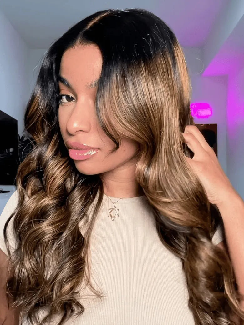 UNice Brown Highlights Body Wave Bye-Bye Slip™ Glueless Put-On-and-Go Drawstring Human Hair Wig