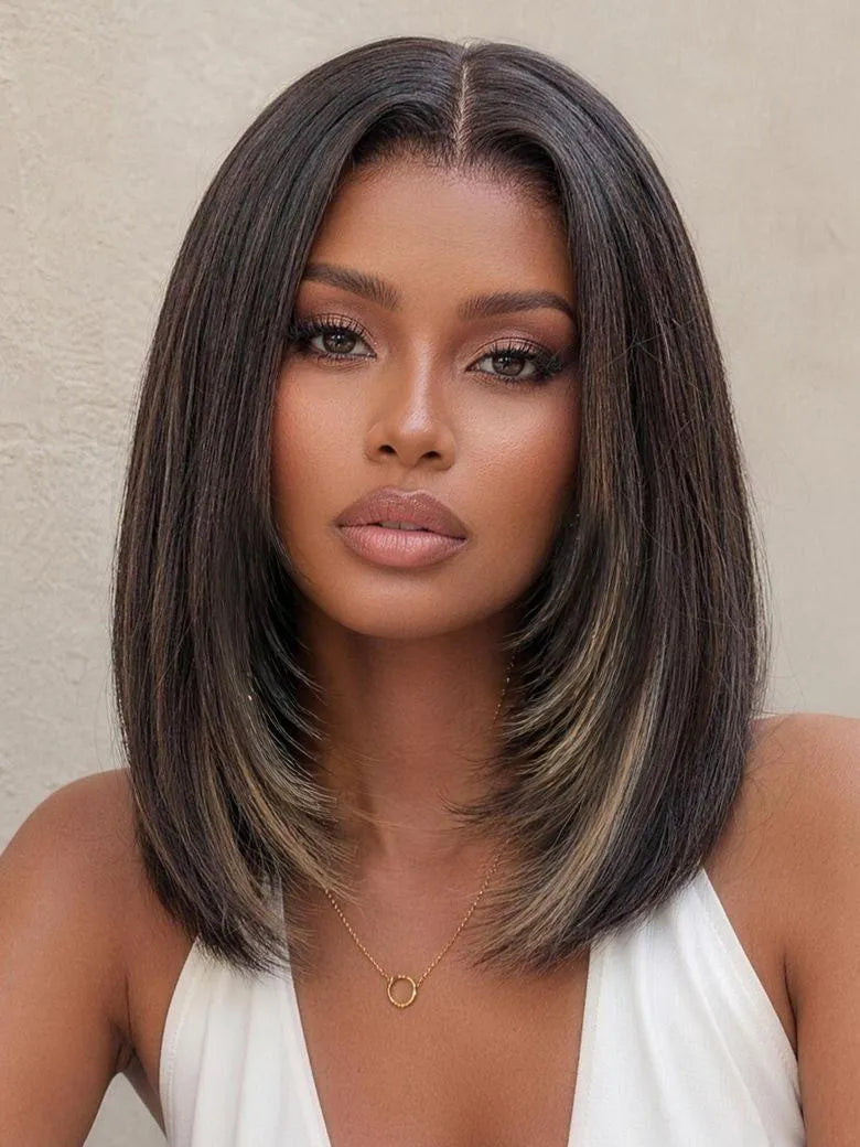 UNice Blonde Highlights Layered Yaki Straight Bob Wig Bye-Bye Slip™ 7×5 Lace Closure Glueless Glam-Ready Sophisticated Style Confident Look