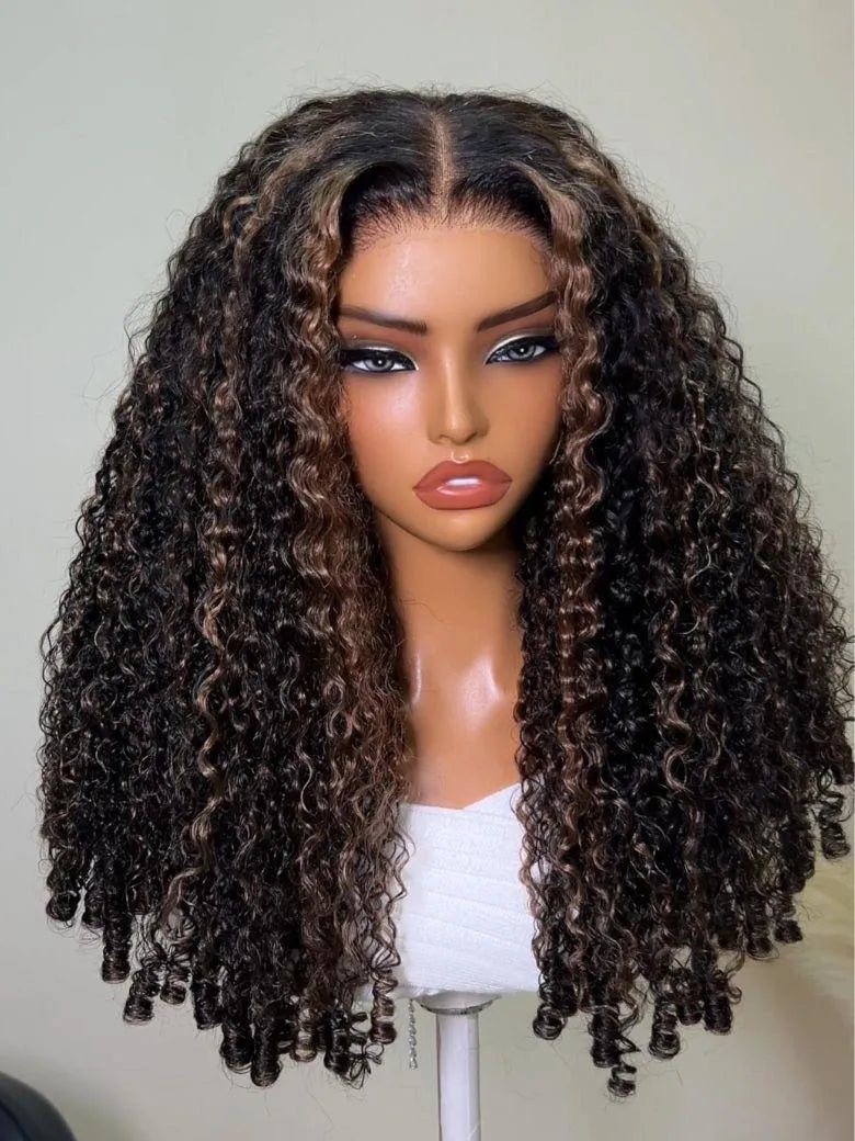 UNice Golden Brown Highlights Burmese Curly Wig With Finger Coil Ends Bye-Bye Slip™ 7×5 Lace Closure Glueless Glam-Ready Dimensional Color